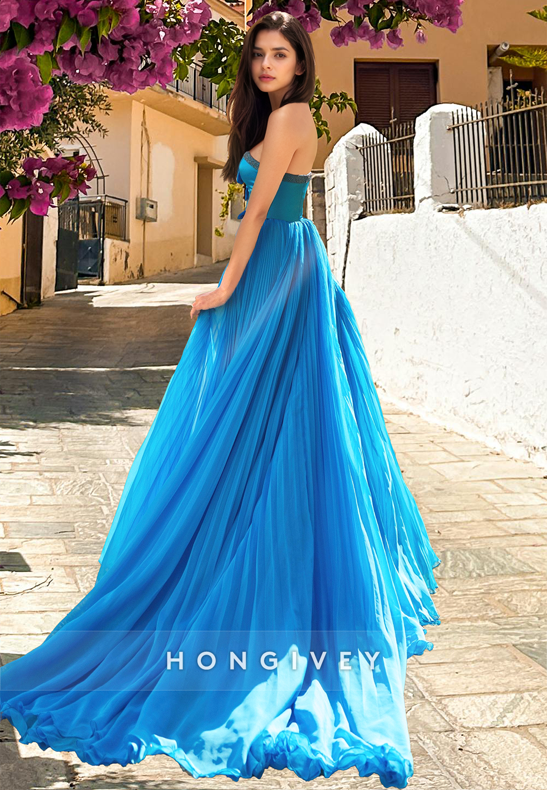 Sexy Chiffon Aline With Slit Evening Dress Blue Tulle Strapless Prom Gown