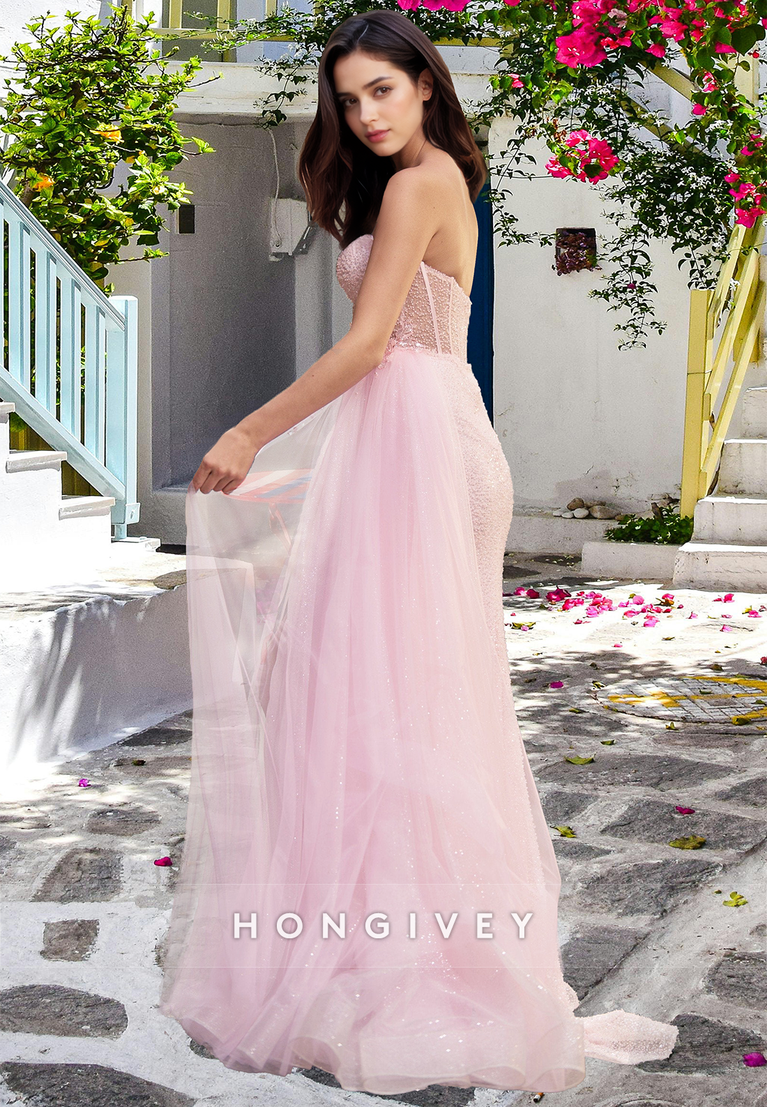 Sexy Sheer Pink Sheath Evening Dress With Slit Sparkle Tulle Quinceanera Prom Gown