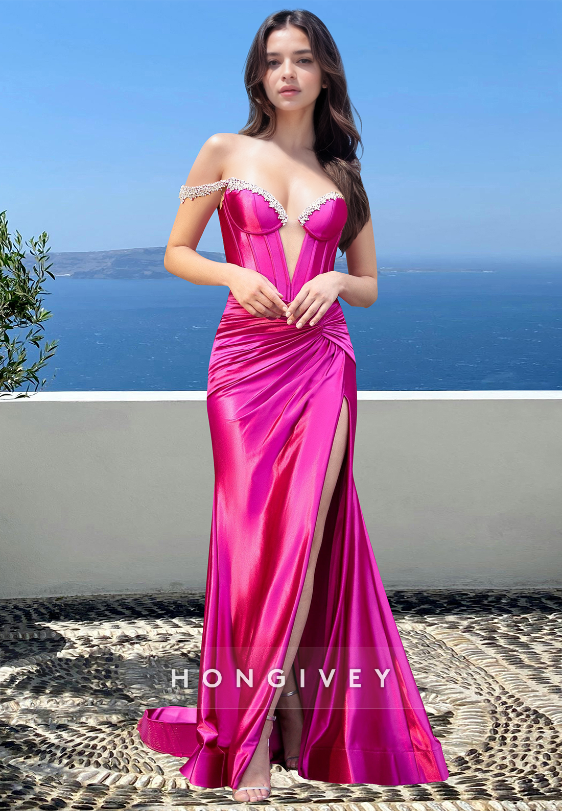 Sexy Beaded Offshoulder Ruched With Slit Satin Formal Evening Dress Party Gown