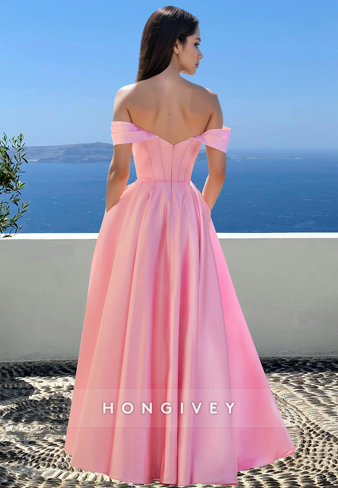 Bateau Offshoulder Aline Pink Formal Evening Dress Prom Dress Ball Gown