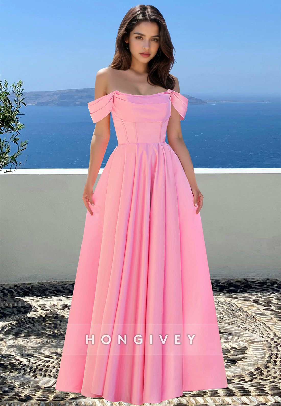 Bateau Offshoulder Aline Pink Formal Evening Dress Prom Dress Ball Gown