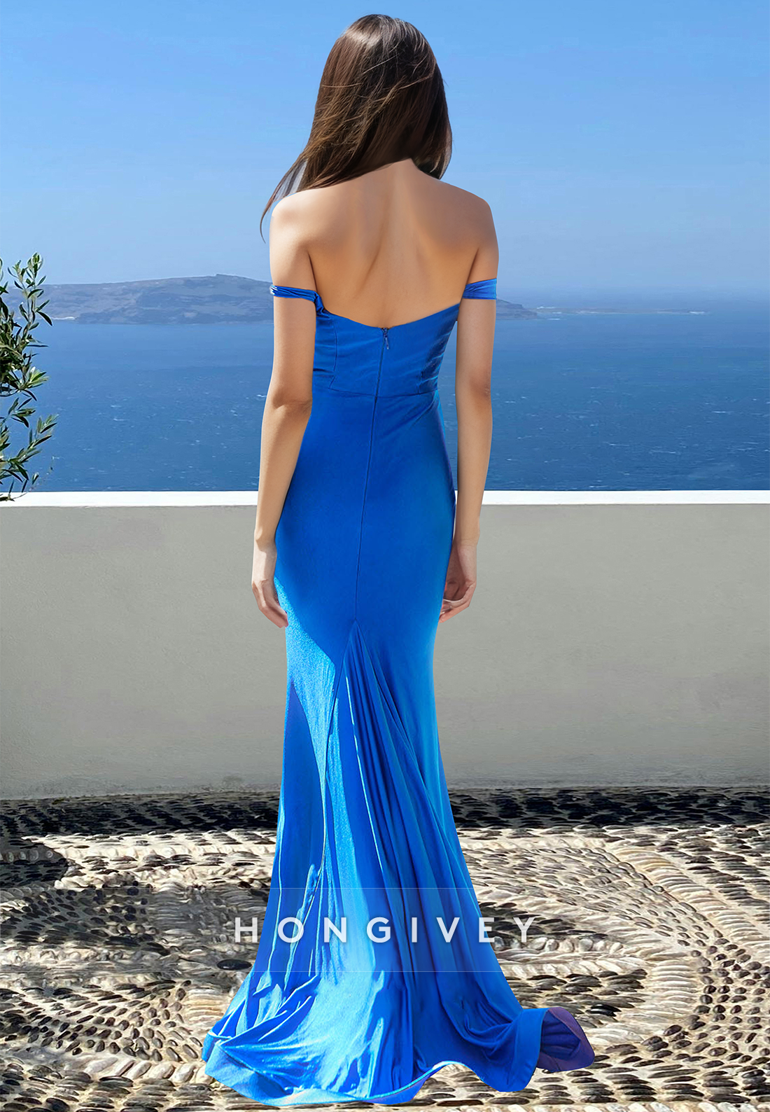 Blue Straps Trumpet Satin Simple Formal Evening Dress Party Gown