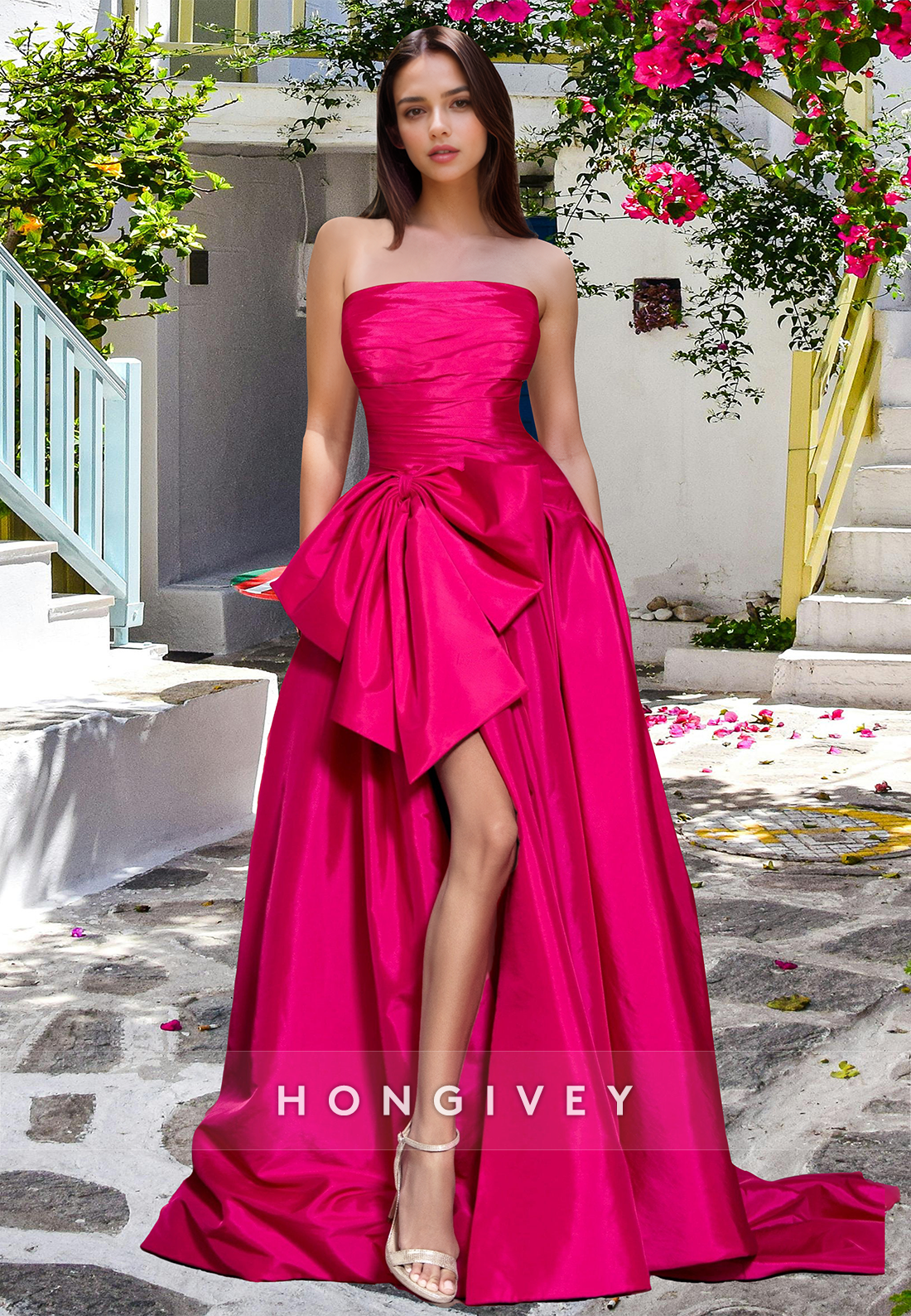 Formal Strapless With Bow Aline With Slit Evening Dress Party Prom Gown