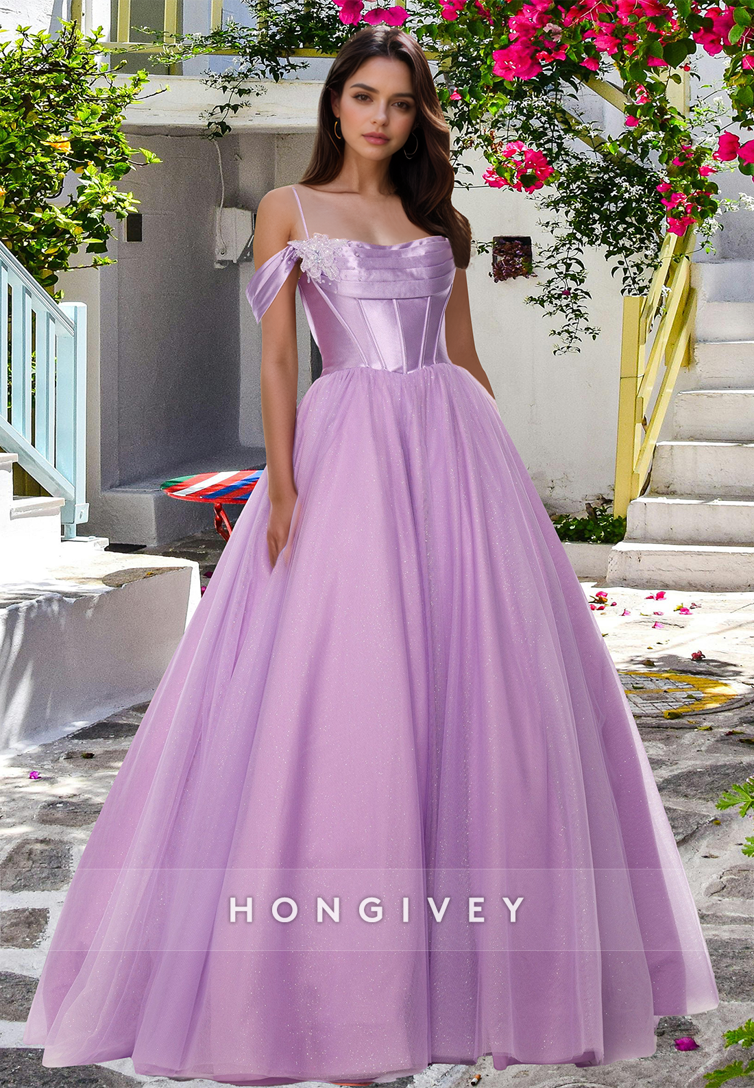 Square Lilac Tulle Spaghetti Straps Aline Evening Dress Party Prom Ball Gown