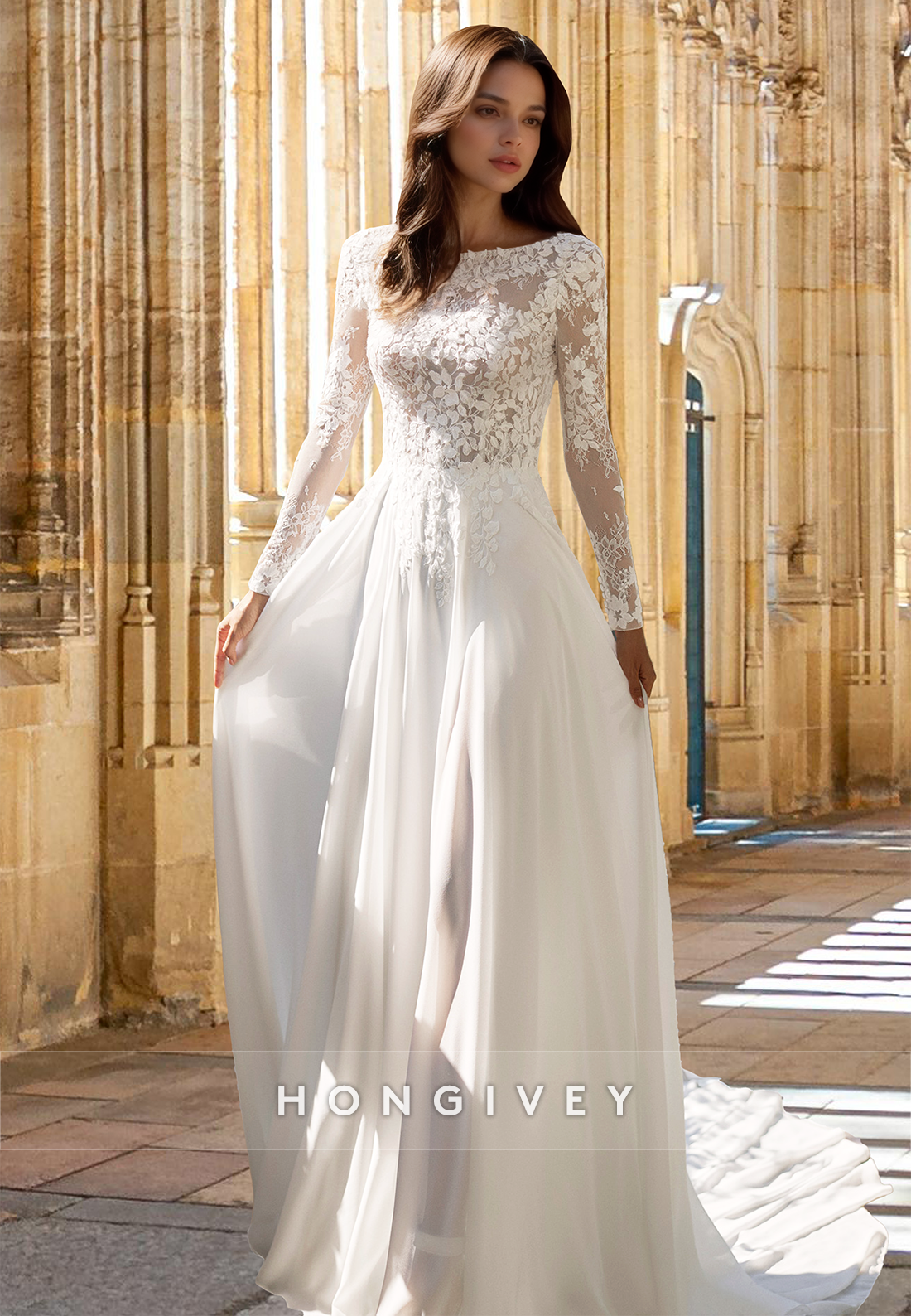 Applique Long Sleeves Tulle Aline With Train Beach Wedding Dress Bridal Gown