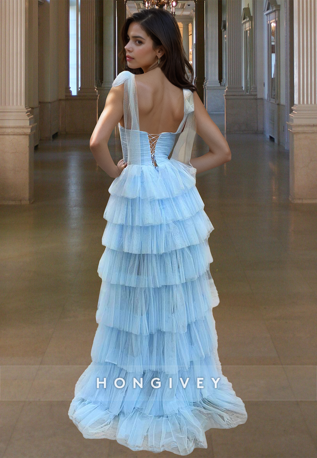 Sky Blue Tiered Tulle Prom Dress Quinceanera Princess Graduation Ball Gown