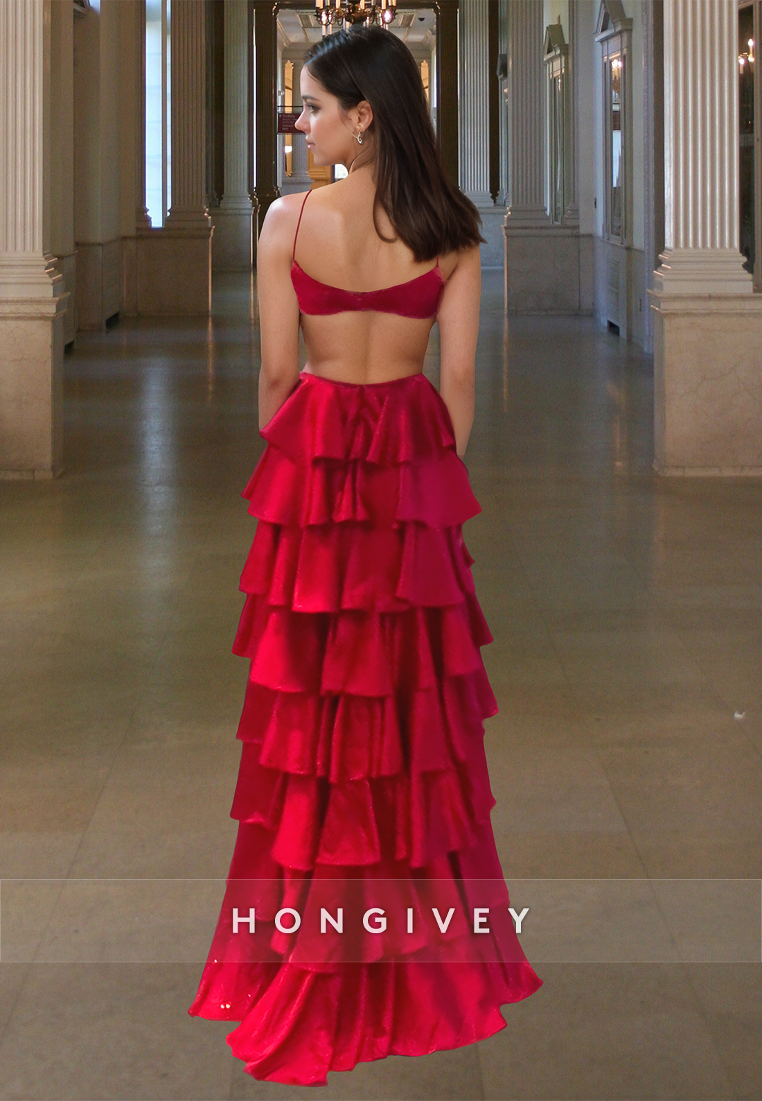 Sexy Red Vneck Spaghetti Straps Prom Dress Tiered With Slit Aline Ball Gown