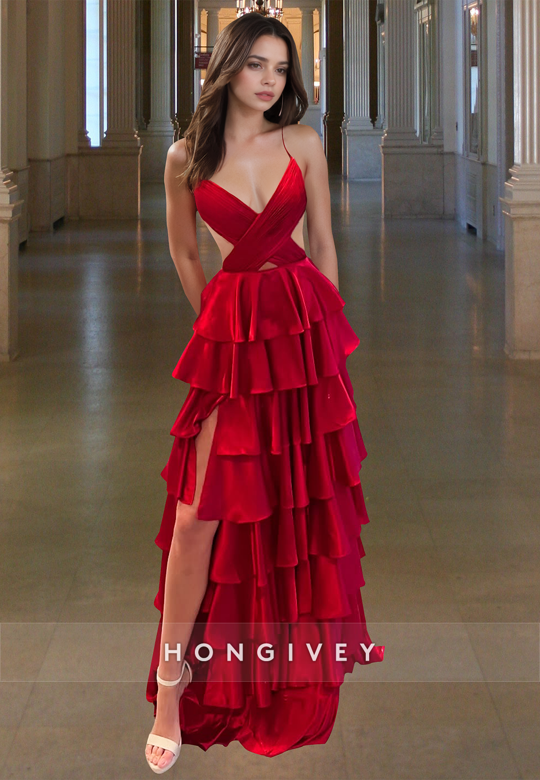 Sexy Red Vneck Spaghetti Straps Prom Dress Tiered With Slit Aline Ball Gown