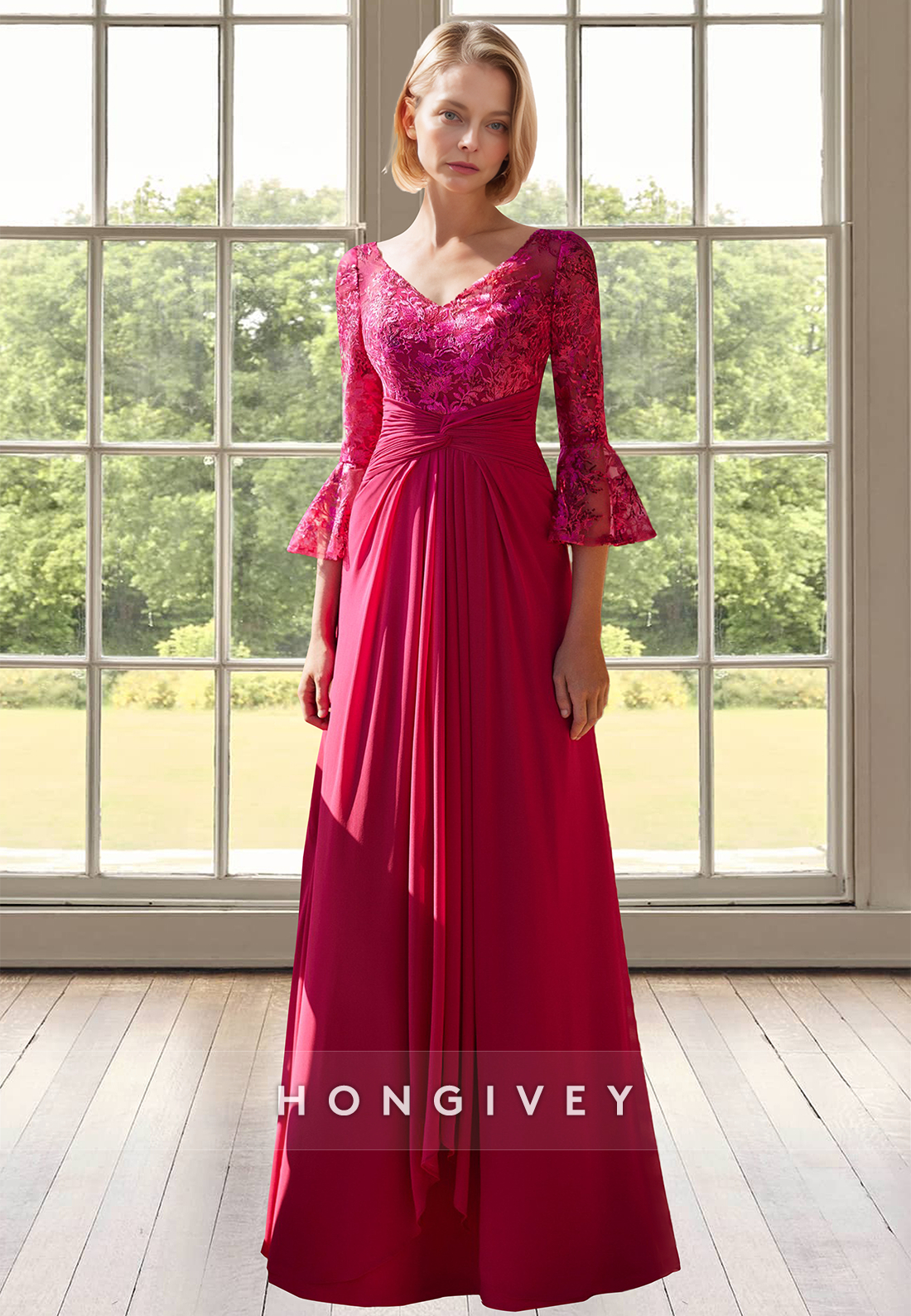 Vneck Half Sleeves Floorlength Applique Red Aline Chffion Mother Of The Bride Dress