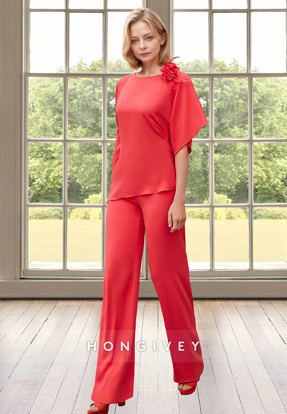 Two Piece Pants Outfit Red Chiffion Mother Of The Bride Dress Plus Size