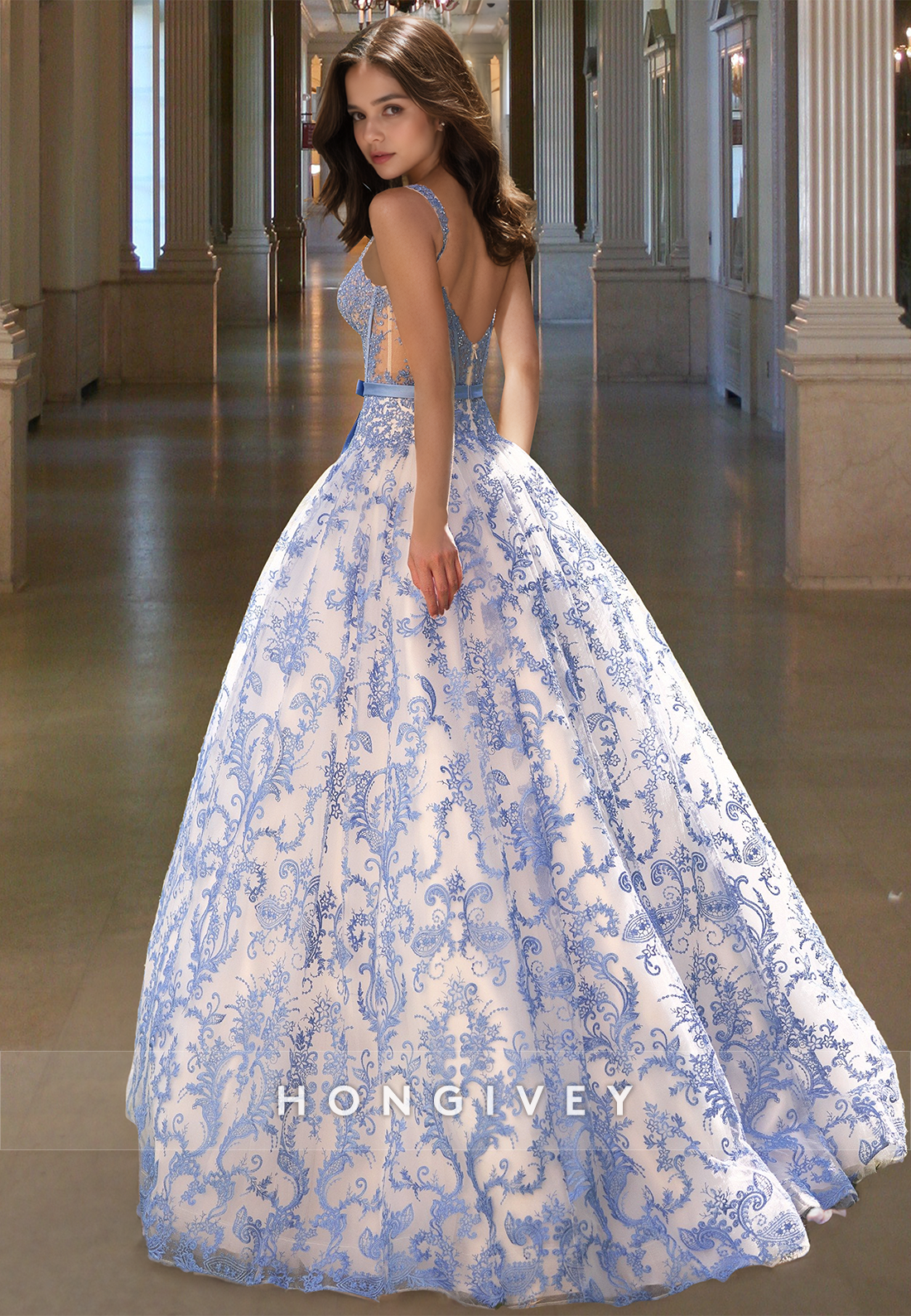 Special Blue Floral Square Straps Aline Tulle Pricess Prom Dress Ball Gown