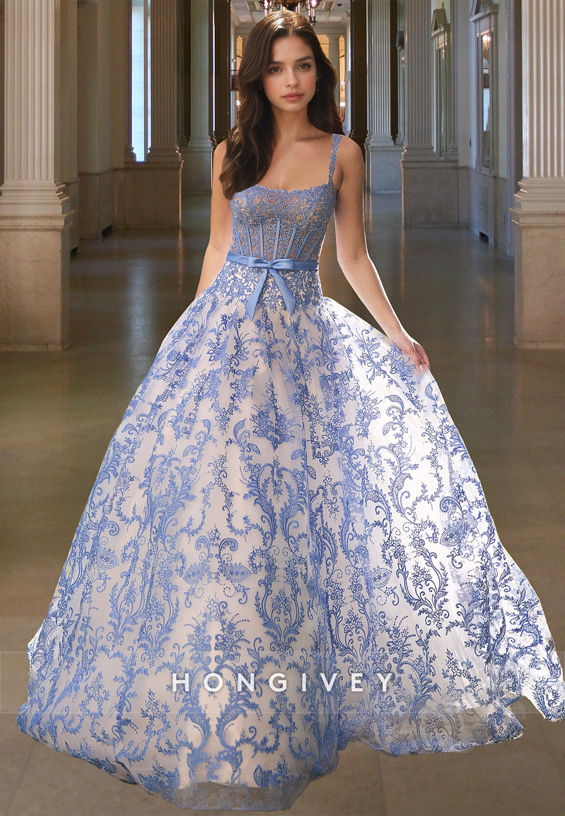 Special Blue Floral Square Straps Aline Tulle Pricess Prom Dress Ball Gown