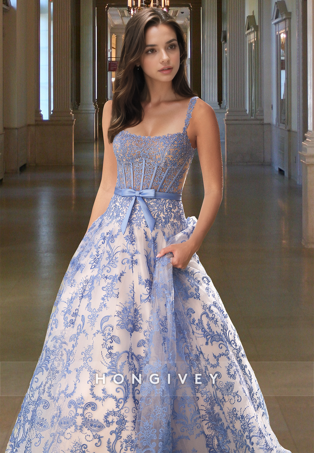 Special Blue Floral Square Straps Aline Tulle Pricess Prom Dress Ball Gown