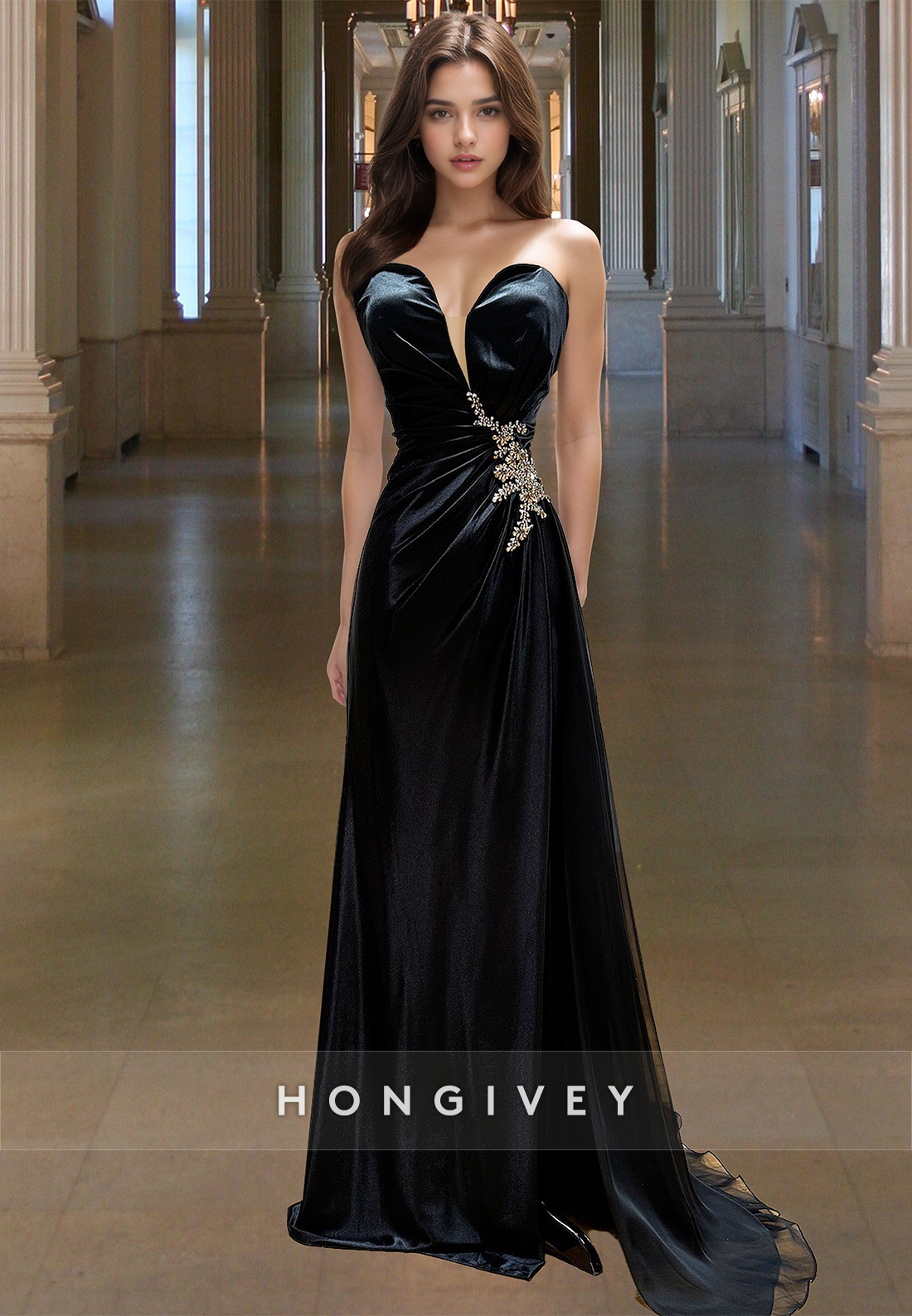 Sexy Black Sweetheart Empire Aline With Train Formal Evening Dress Party Gown