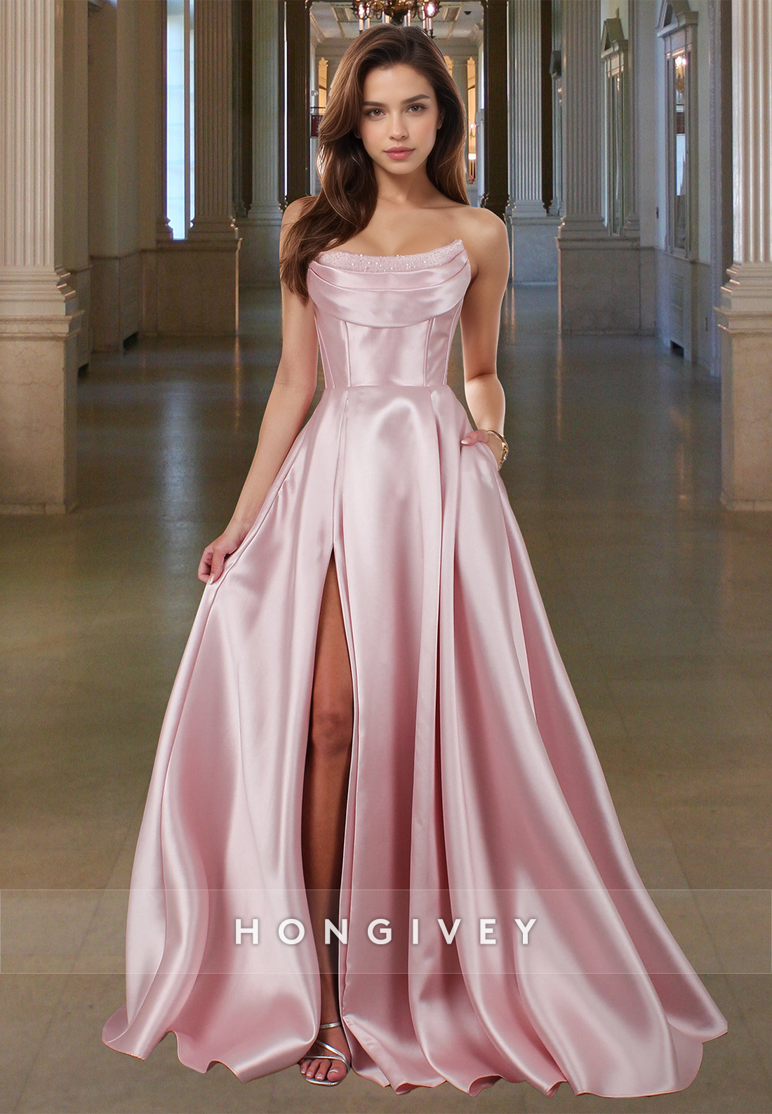 Bateau Strapless Empire Formal Evening Dress Satin Aline With Slit Prom Gown