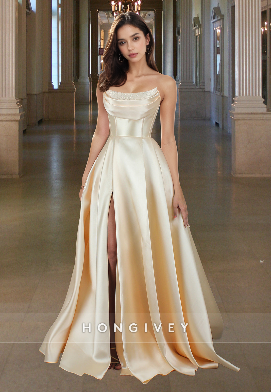 Bateau Strapless Empire Formal Evening Dress Satin Aline With Slit Prom Gown