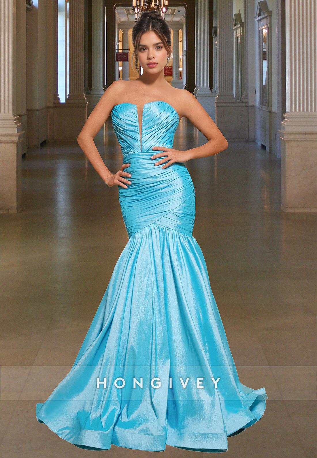 Sexy Ruched Strapless Mermaid With Train Formal Gown Evening Dress