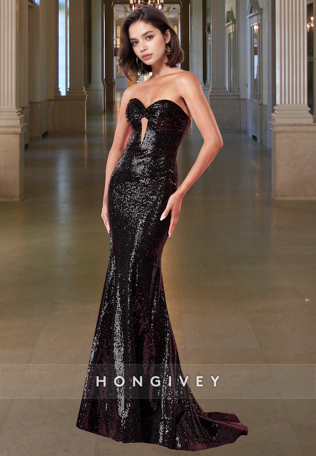 Sequined Strapless Trumpet Evening Dress Glitter Formal Party Gown