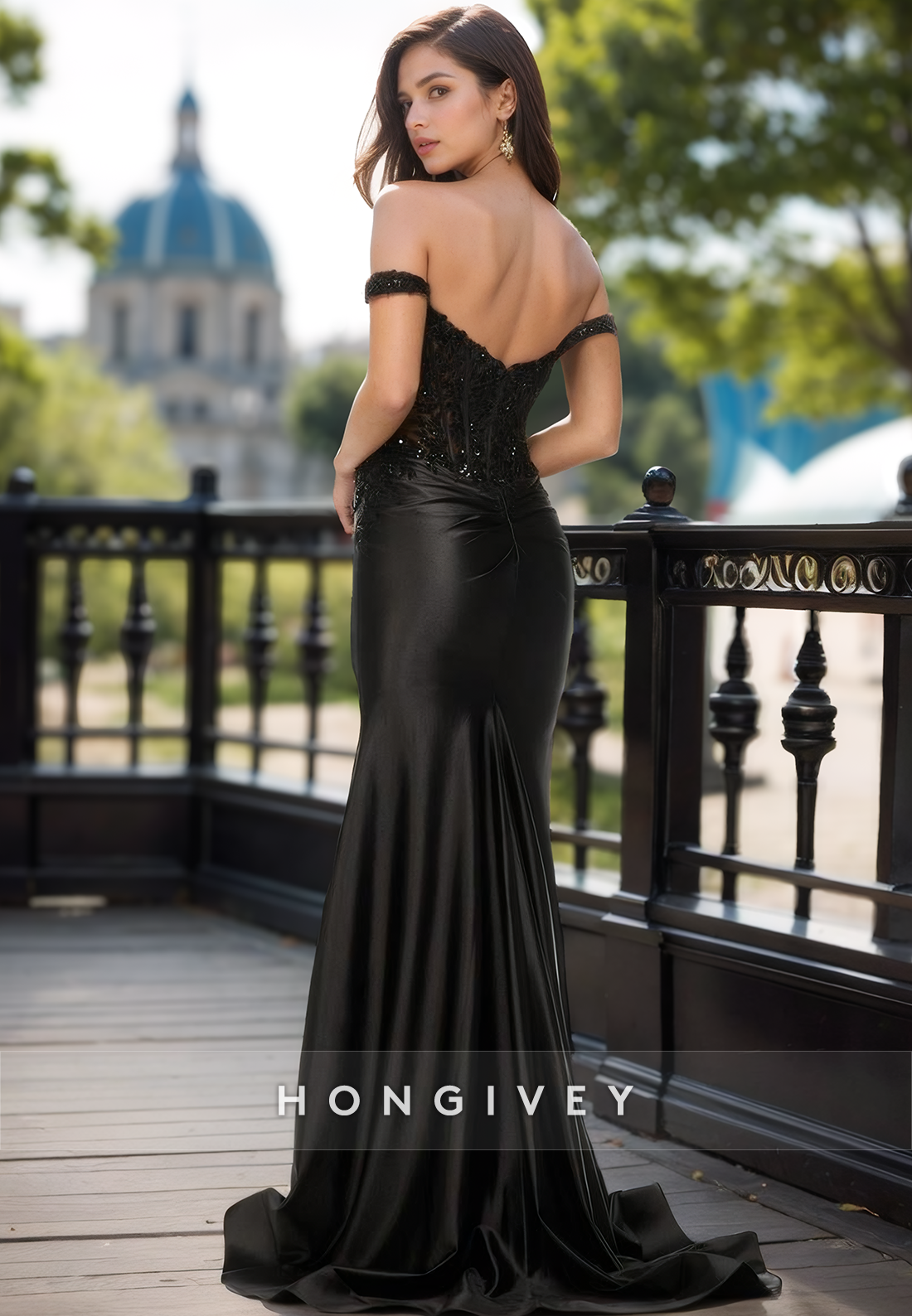 Solid Black Straps Empire Trumpet Evening Dress Offshoulder Satin Formal Gown