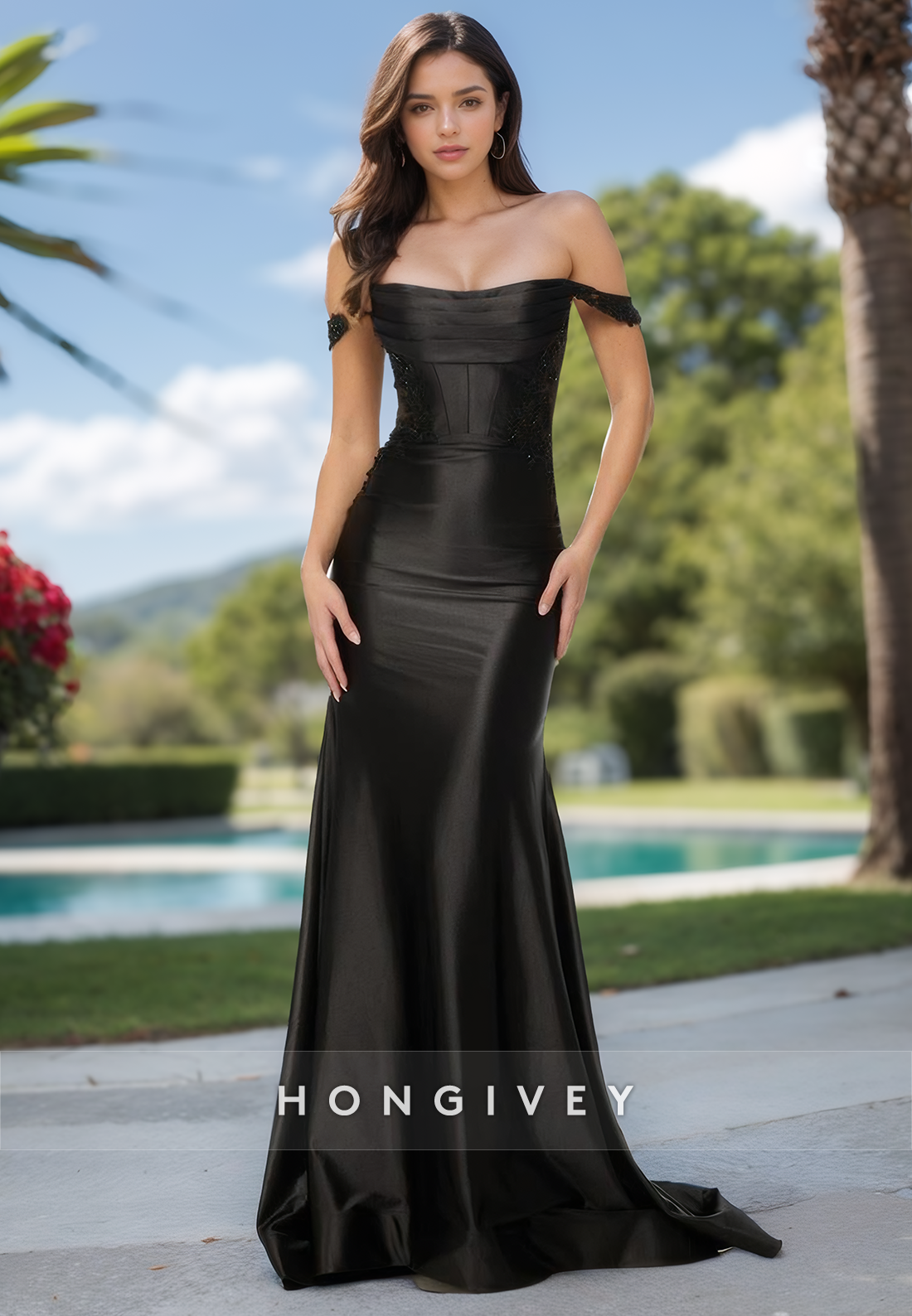 Solid Black Straps Empire Trumpet Evening Dress Offshoulder Satin Formal Gown