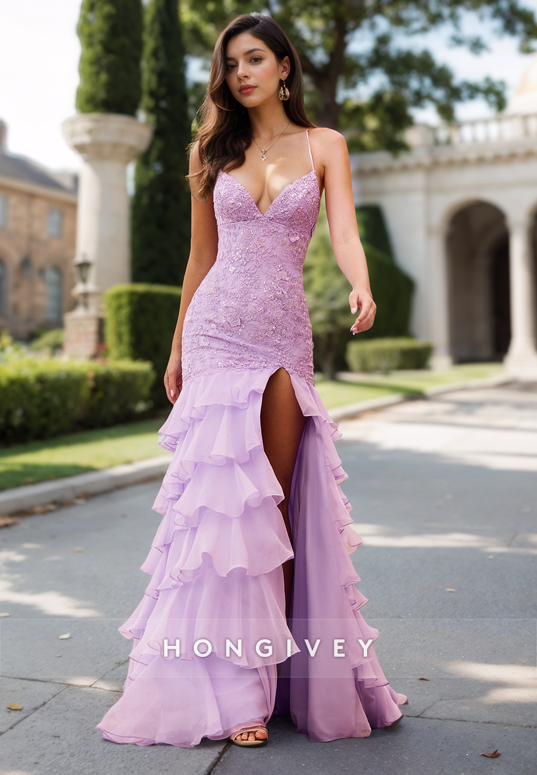 Lilac Applique Tiered Ruffles With Slit Quinceanera Party Evening Prom Dress Ball Gown