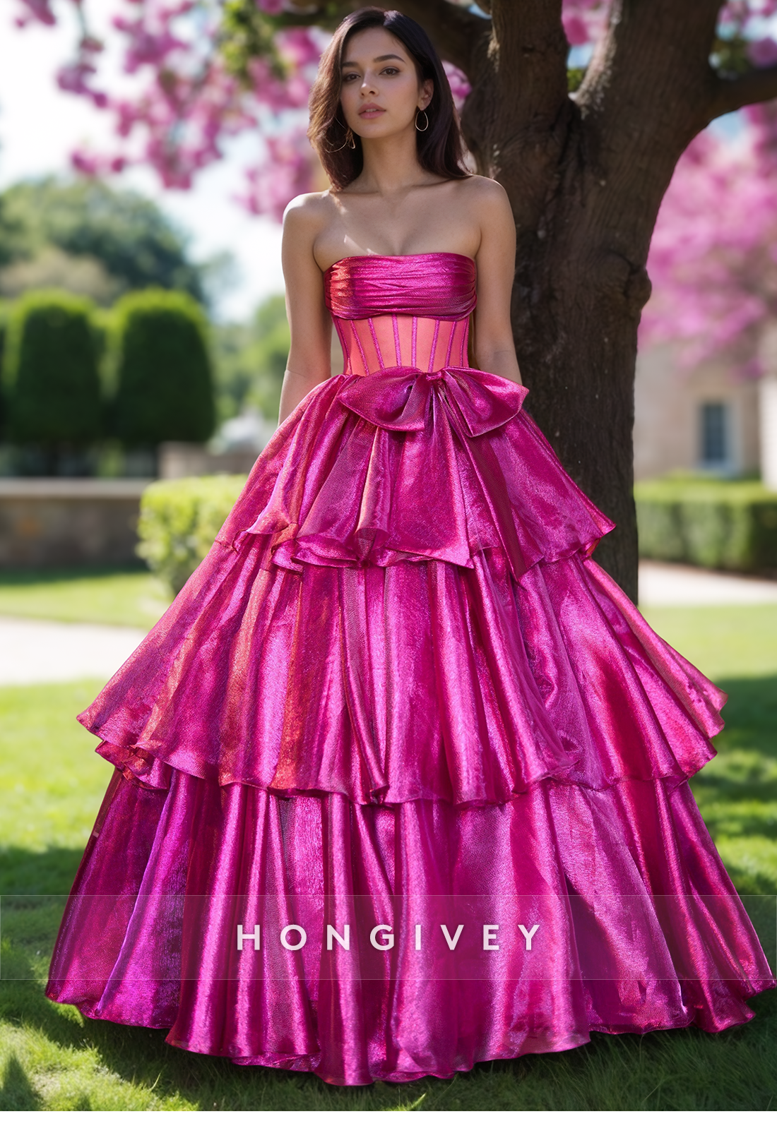 Fuchsia Tiered Bow Strapless Aline Quinceanera Evening Dress Prom Ball Gown