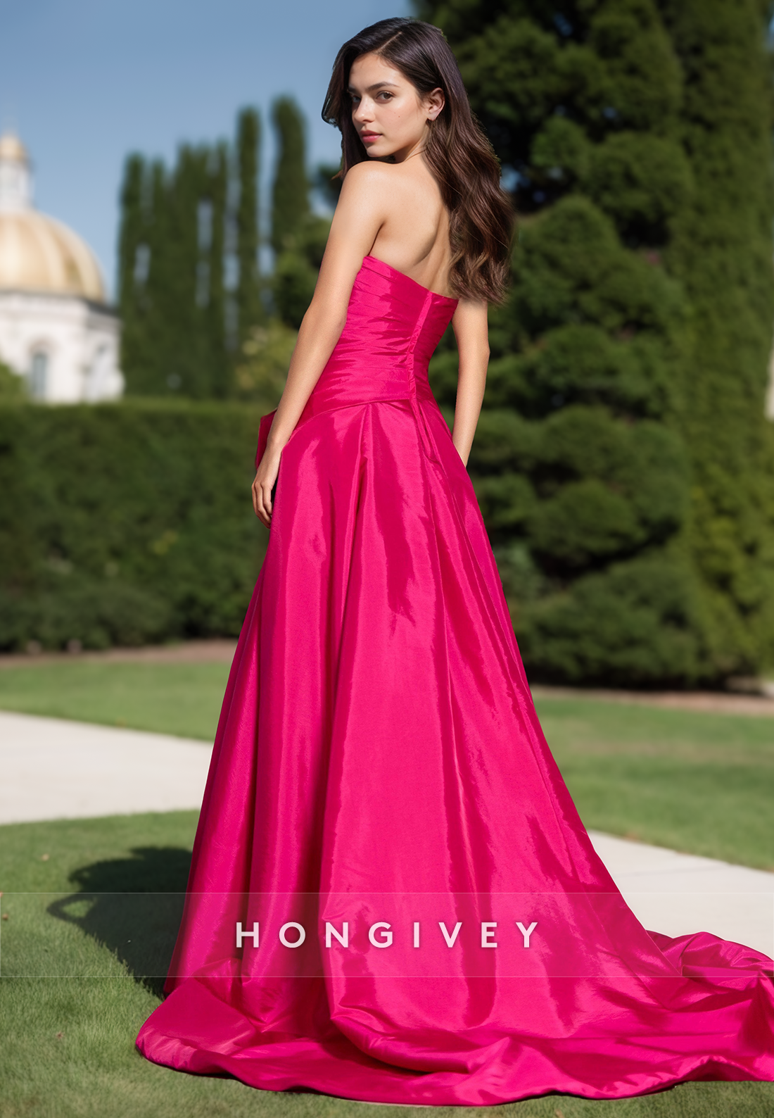 Solid Fuchsia Bow Strapless Empire Aline With Train Evening Dress Formal Party Gown