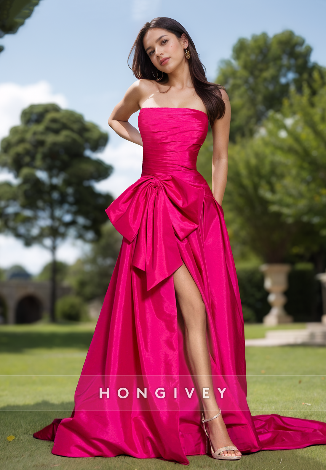 Solid Fuchsia Bow Strapless Empire Aline With Train Evening Dress Formal Party Gown