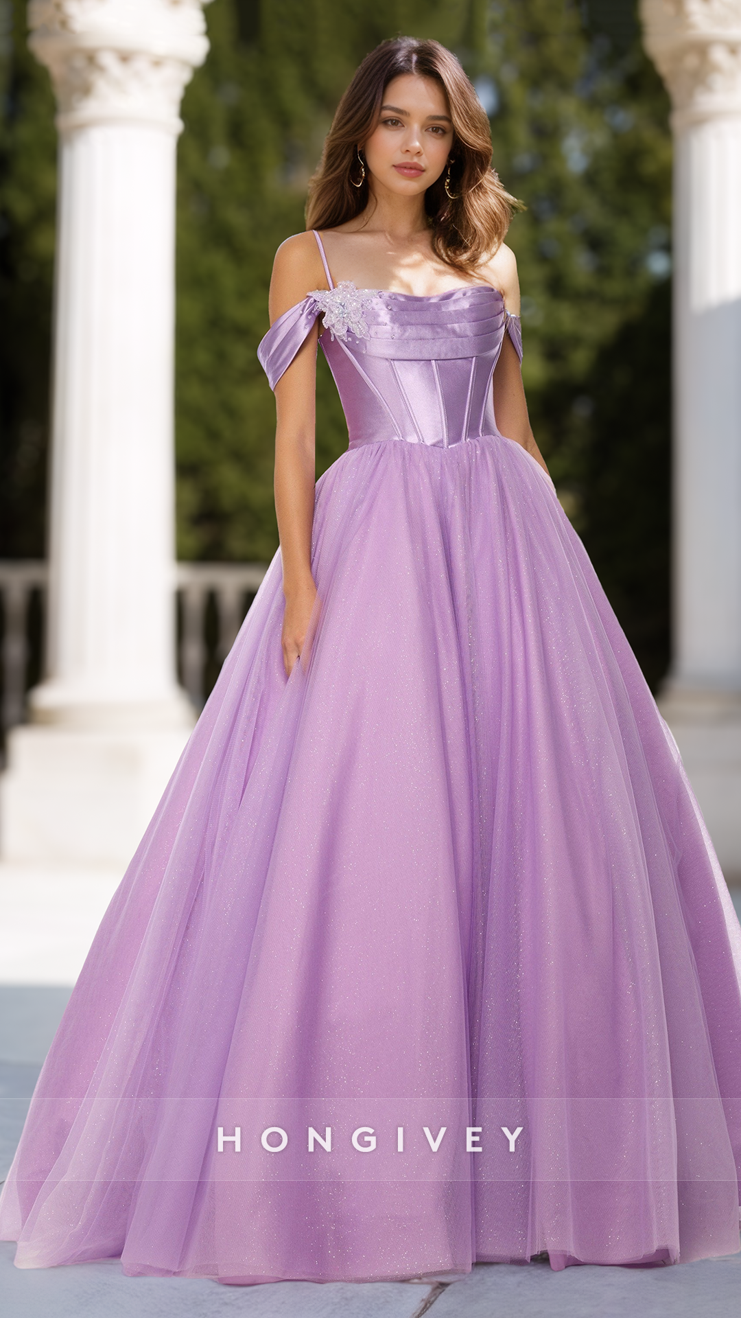 Lilac Corset Tulle Offshoulder Aline Princess Quinceanera Evening Prom Dress Ball Gown