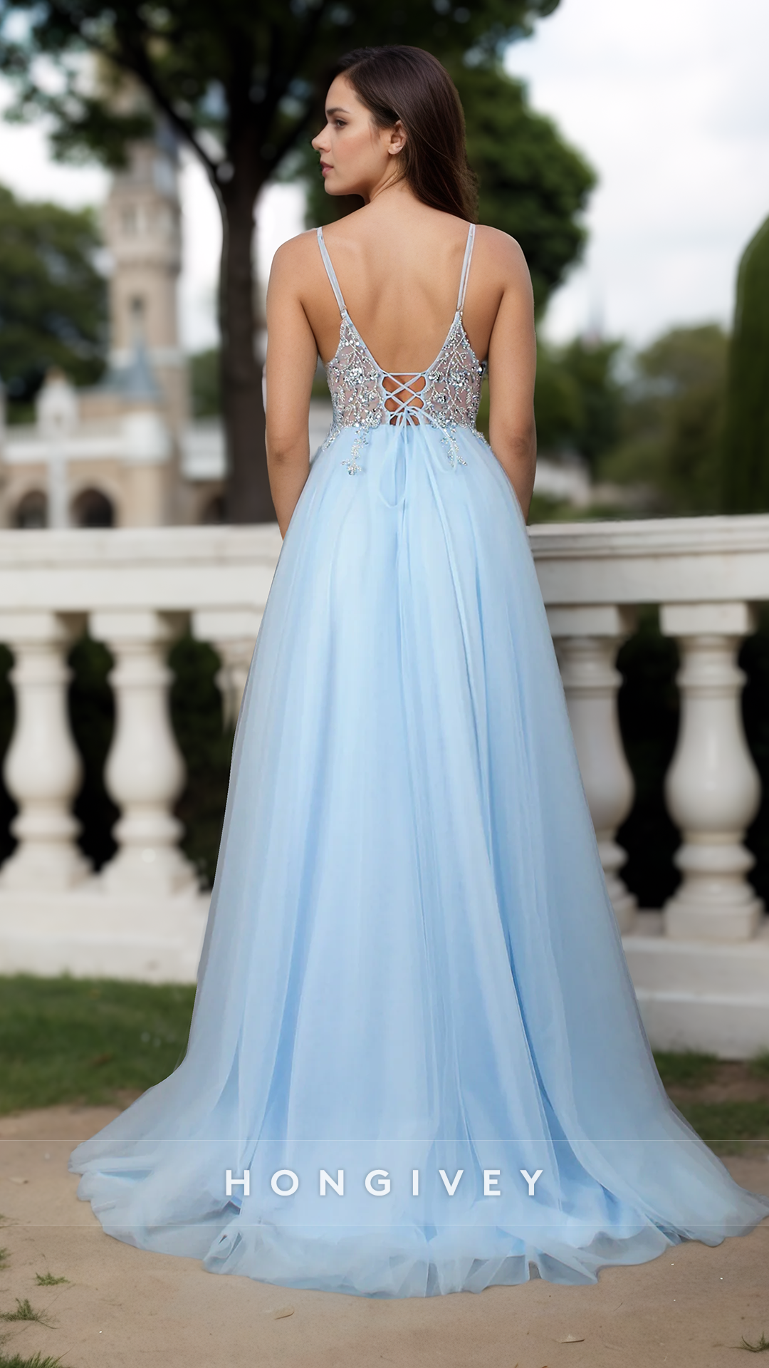 Classy Spring Spaghetti Straps Applique Tulle Long Evening Prom Dress Ball Gown