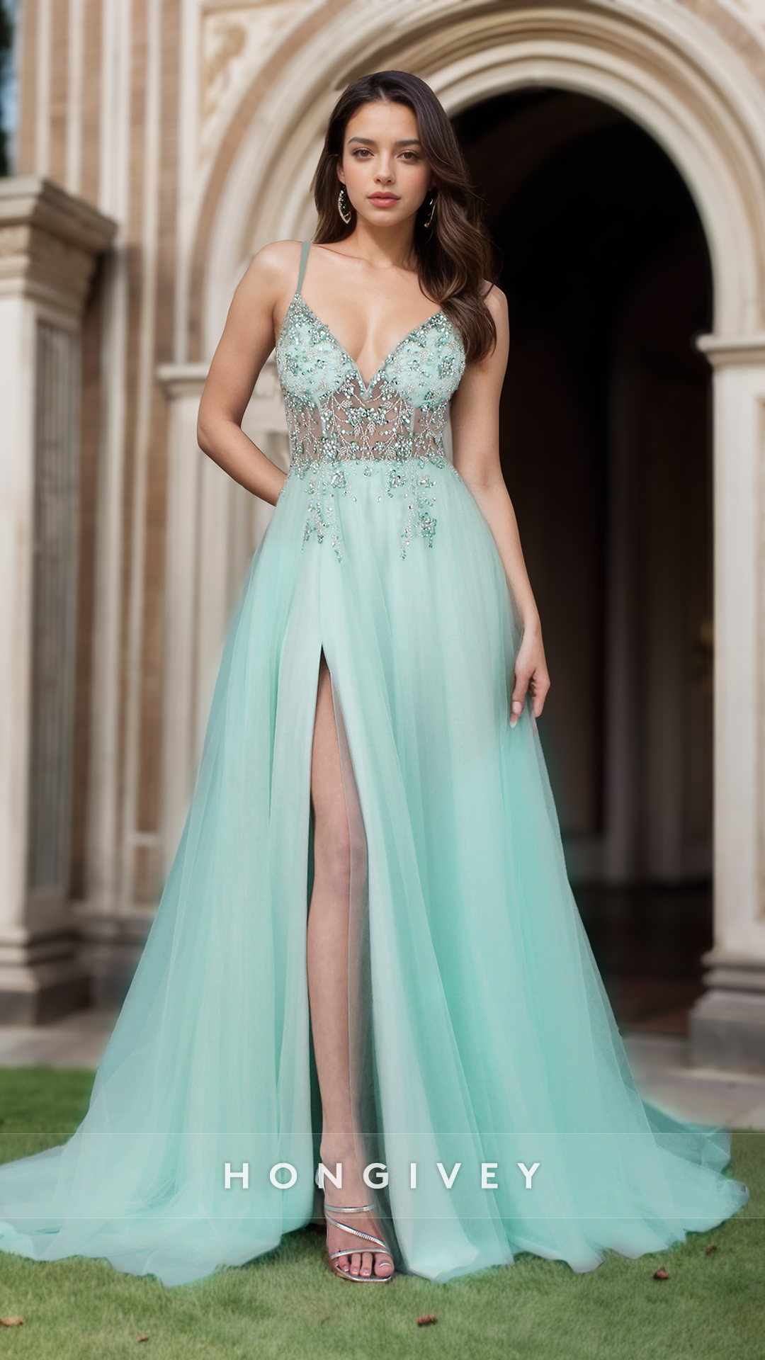 Classy Spring Spaghetti Straps Applique Tulle Long Evening Prom Dress Ball Gown