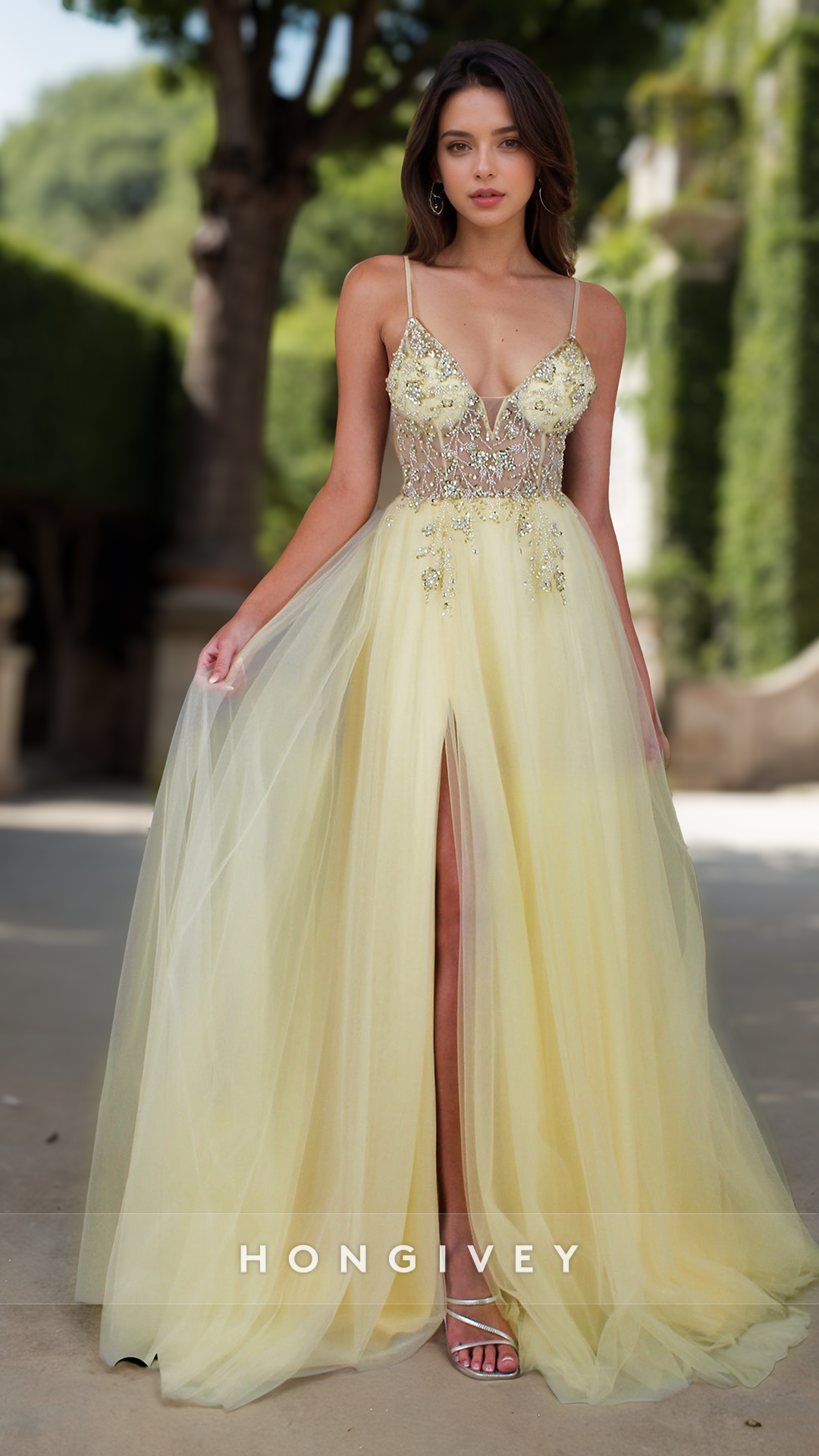 Classy Spring Spaghetti Straps Applique Tulle Long Evening Prom Dress Ball Gown