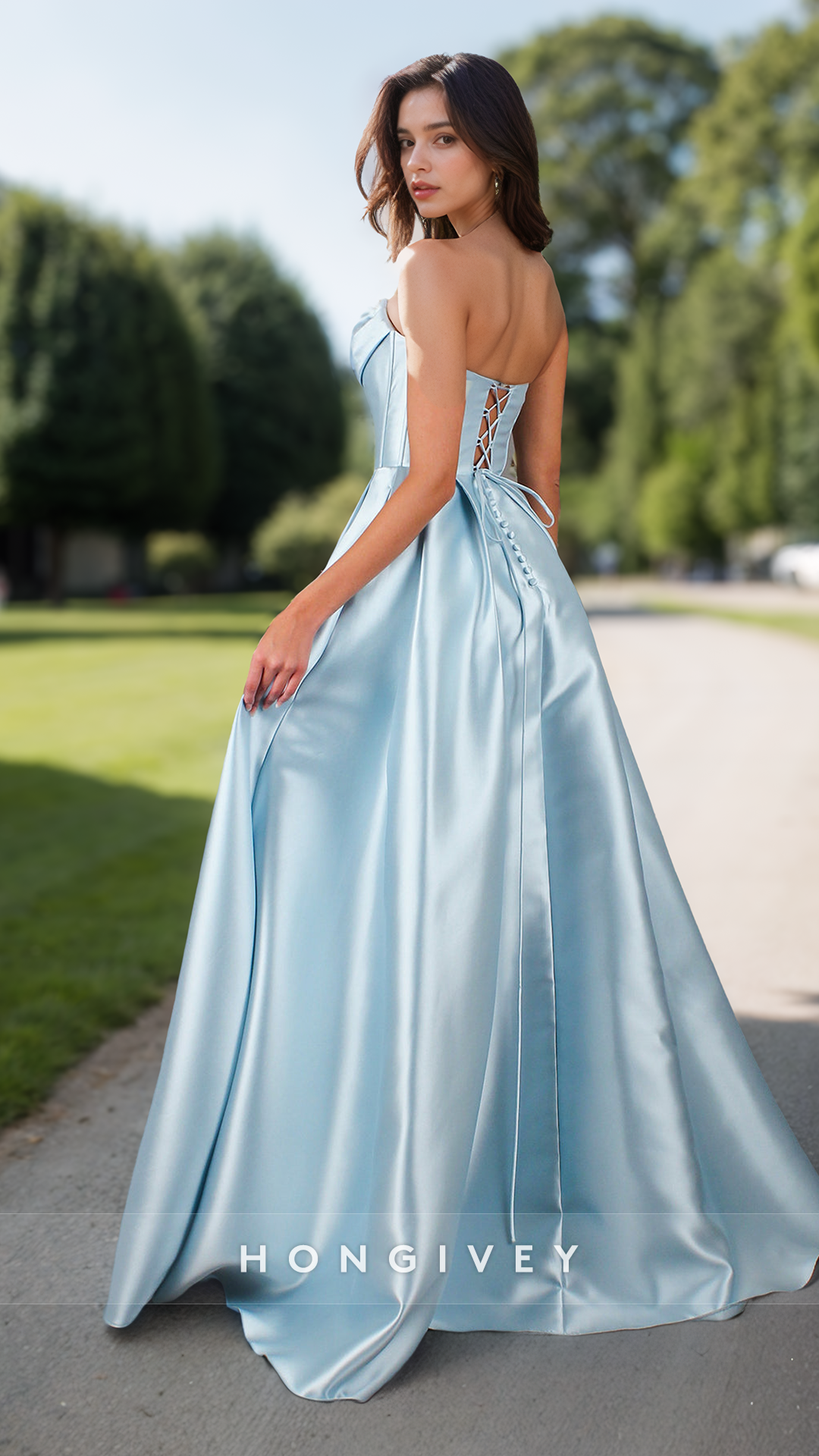 Solid Bateau Strapless Evening Prom Dress Aline Satin Formal Party Ball Gown