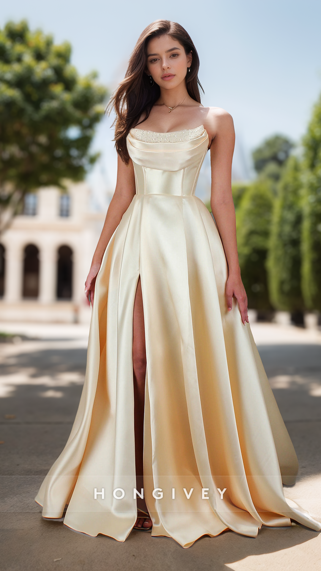 Solid Bateau Strapless Evening Prom Dress Aline Satin Formal Party Ball Gown