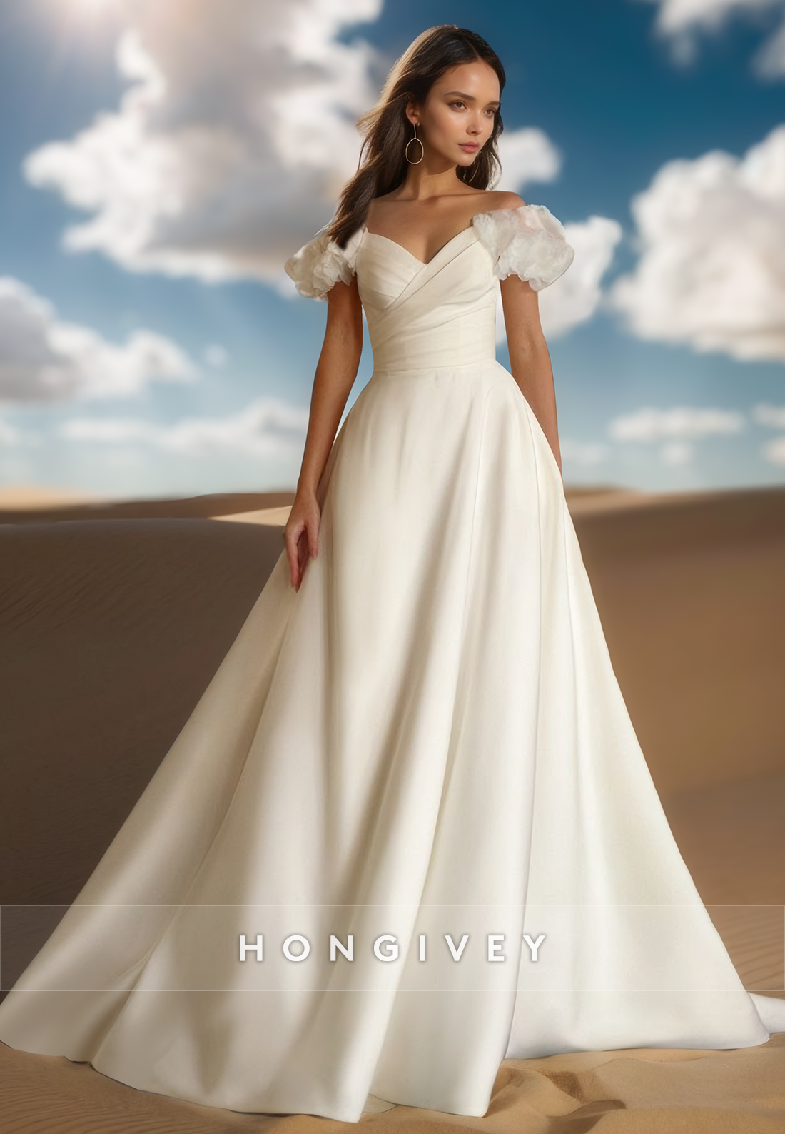 Chic Short Sleeves Tulle Wedding Dress Off Shoulder Ruched Aline Bride Gown