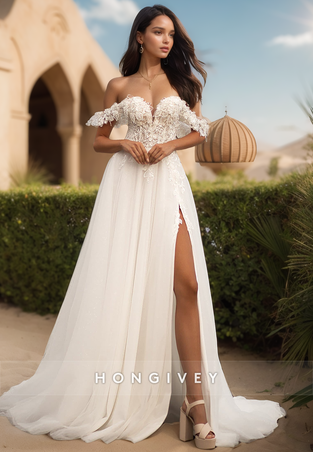 Lace Appliques Offshoulder Aline Tulle With Slit Wedding Dress Bride Gown