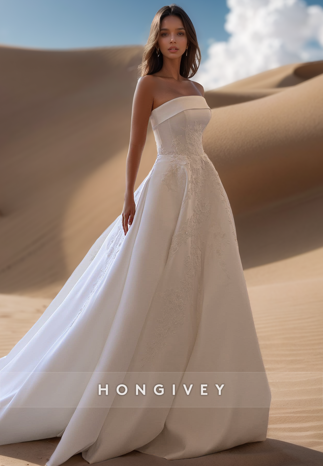 Simple Applique Strapless Aline With Train Bridal Wedding Dress Bride Gown