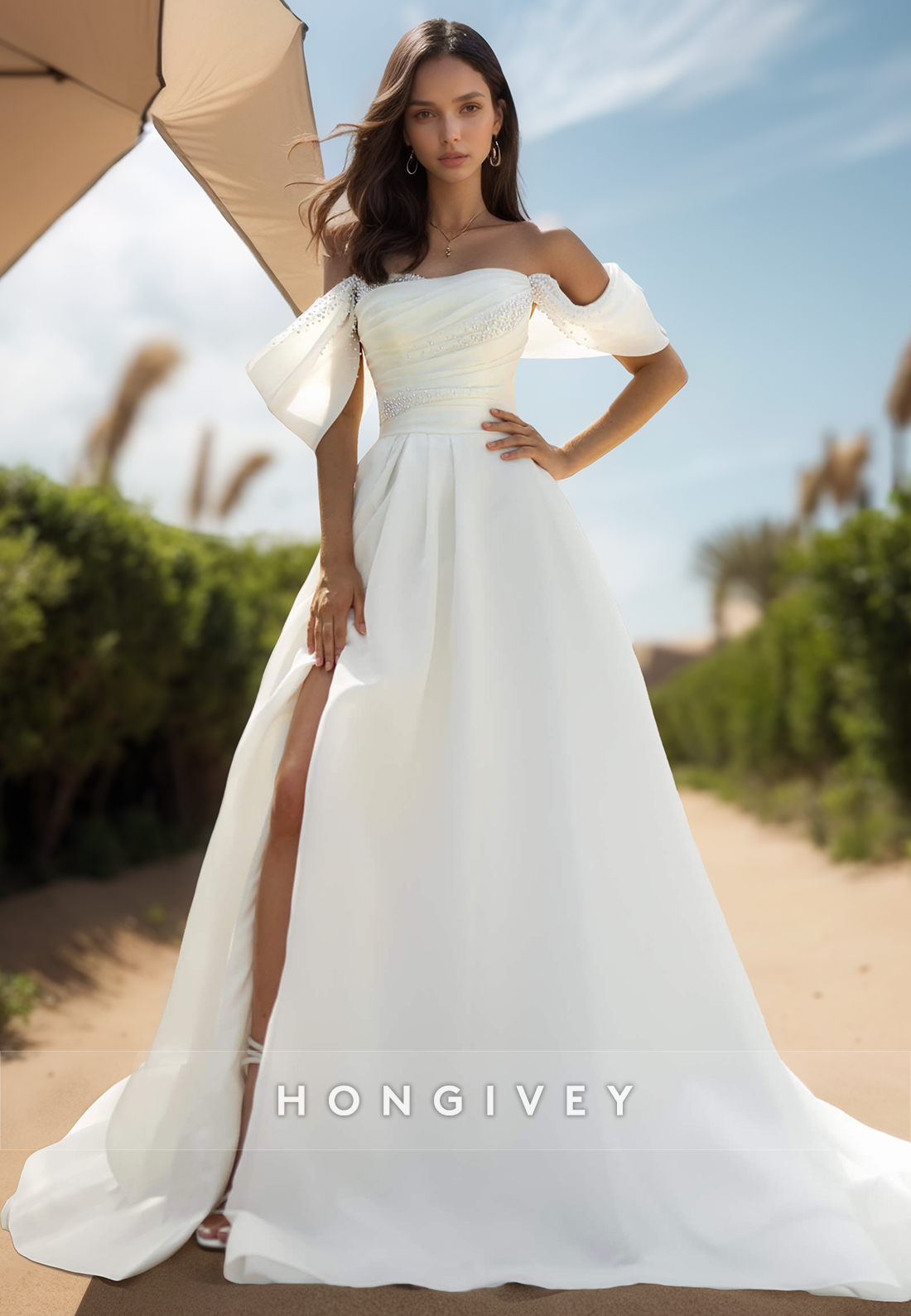 Aline Offshoulder Beads Bsweetheart Split Organza Wedding Dresses