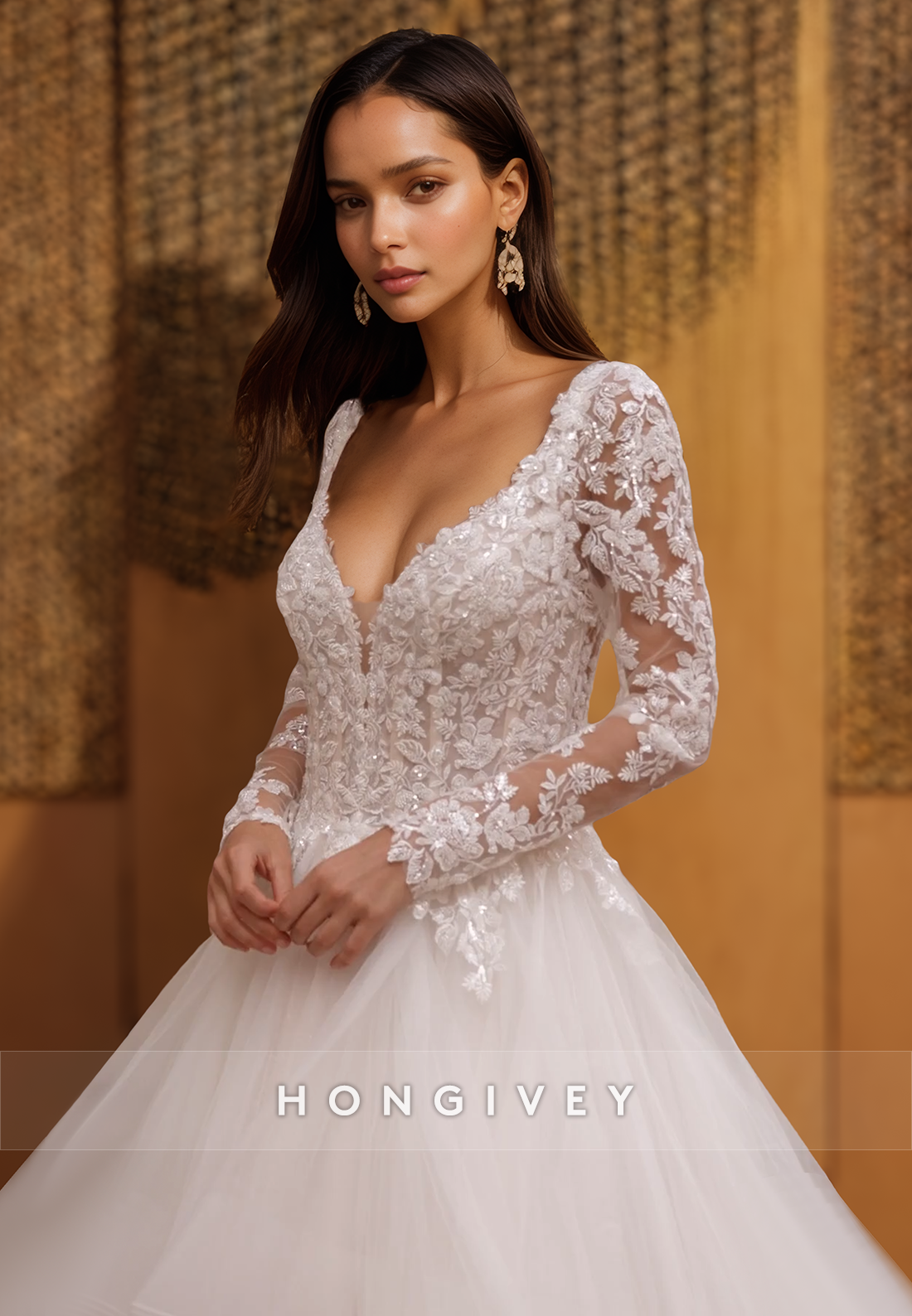 Long Sleeves Lace Appliques Open Back Beach Wedding Dresses