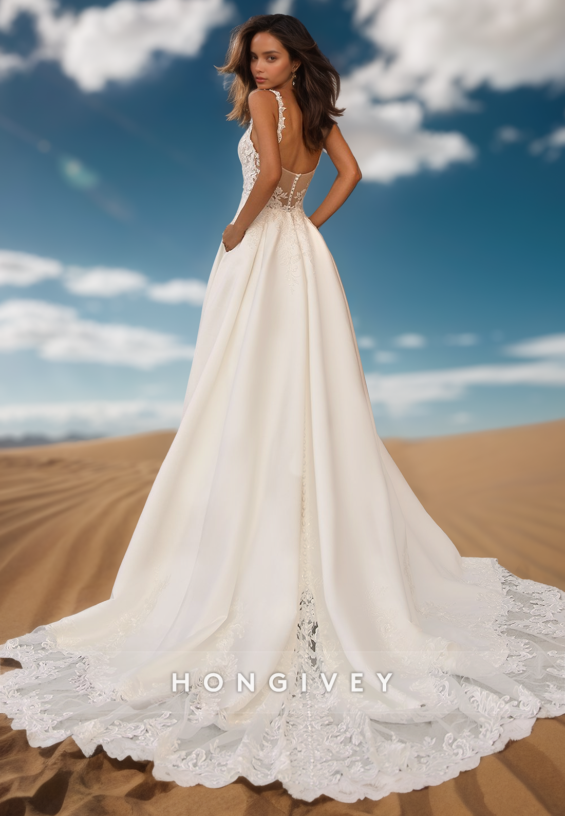 Vneck Lace Appliques Sexy And Sleek Wedding Dresses With Pockets