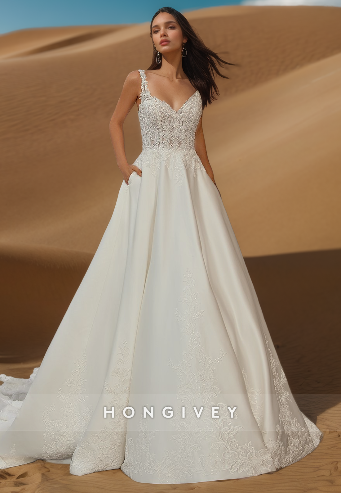 Vneck Lace Appliques Sexy And Sleek Wedding Dresses With Pockets