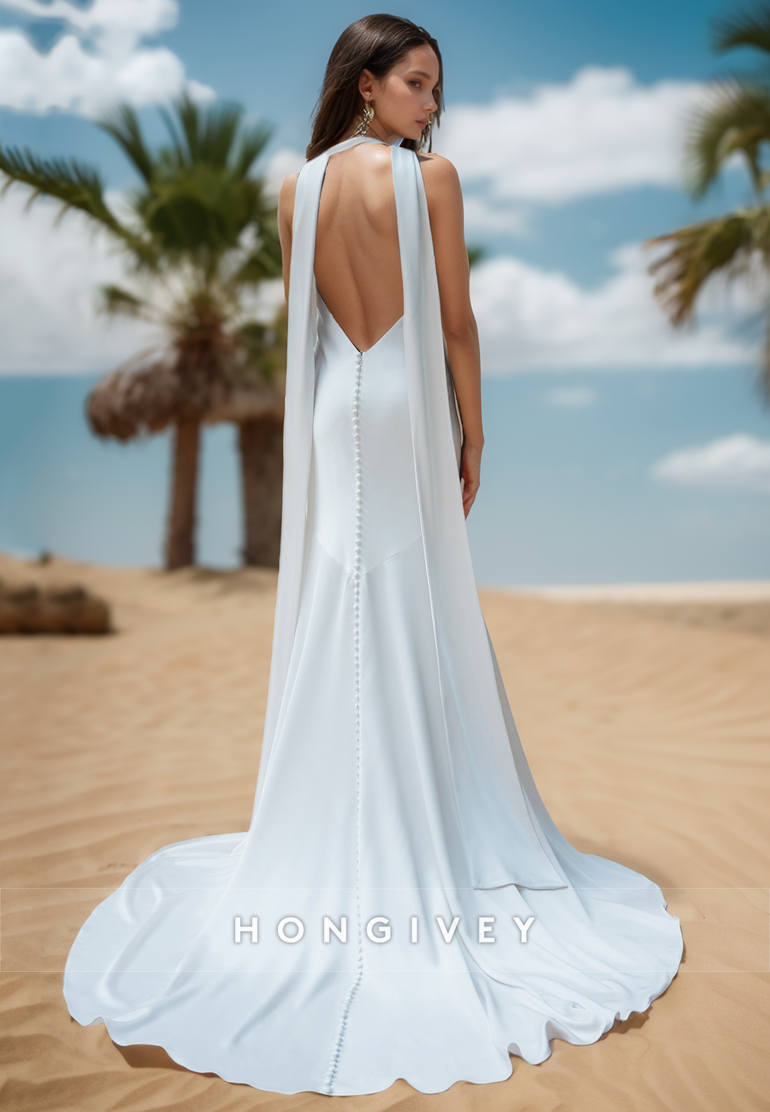 Vneck Halter Button Beach Mermaid Wedding Dresses With Brush Train