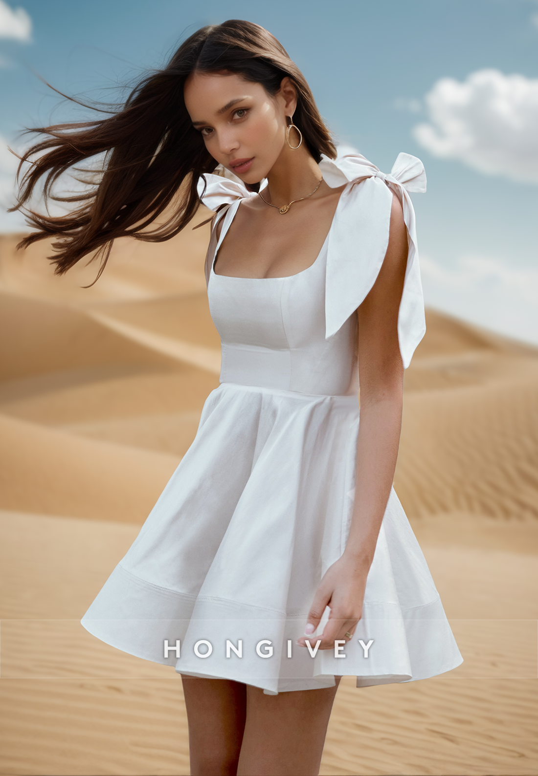 Aline Bowknot Square Sleek Mini Beach Wedding Dresses