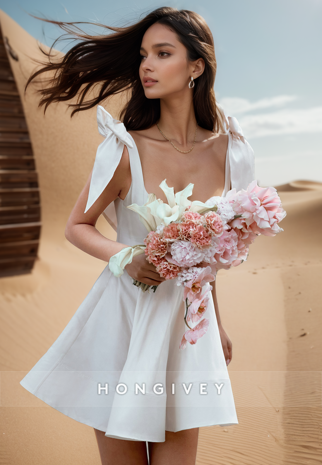 Aline Bowknot Square Sleek Mini Beach Wedding Dresses