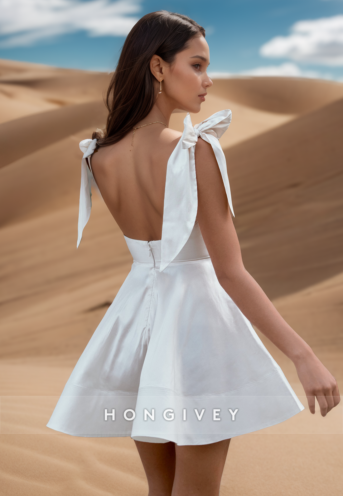 Aline Bowknot Square Sleek Mini Beach Wedding Dresses