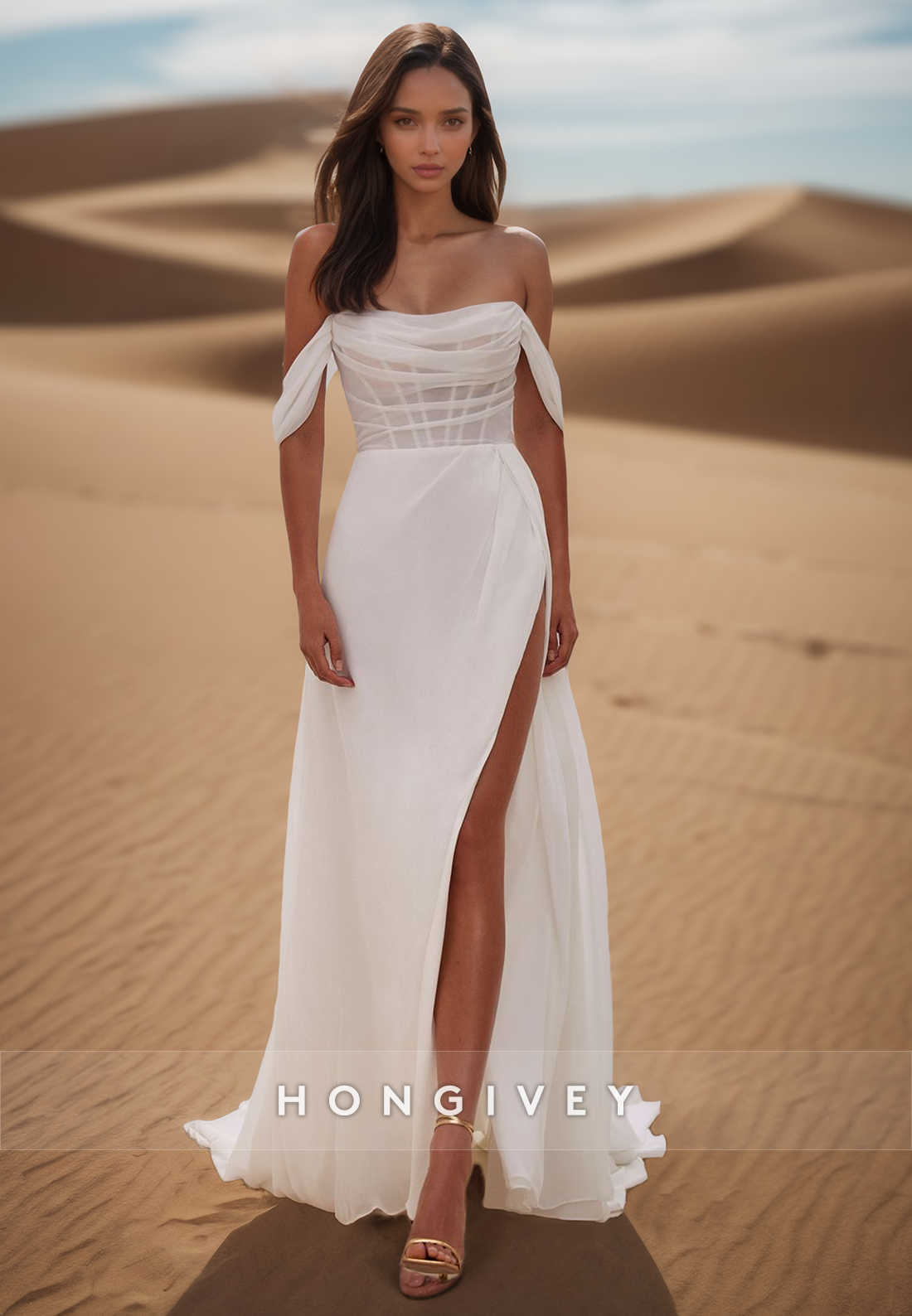 Aline Sheer Pleats Simple Beach Wedding Dresses With Side Slit