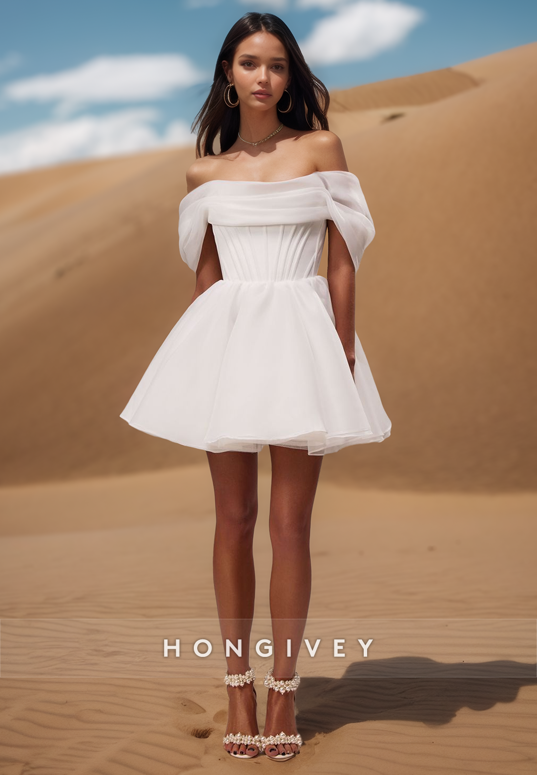 Aline Offshoulder Organza Pleats Short Simple Beach Wedding Dresses