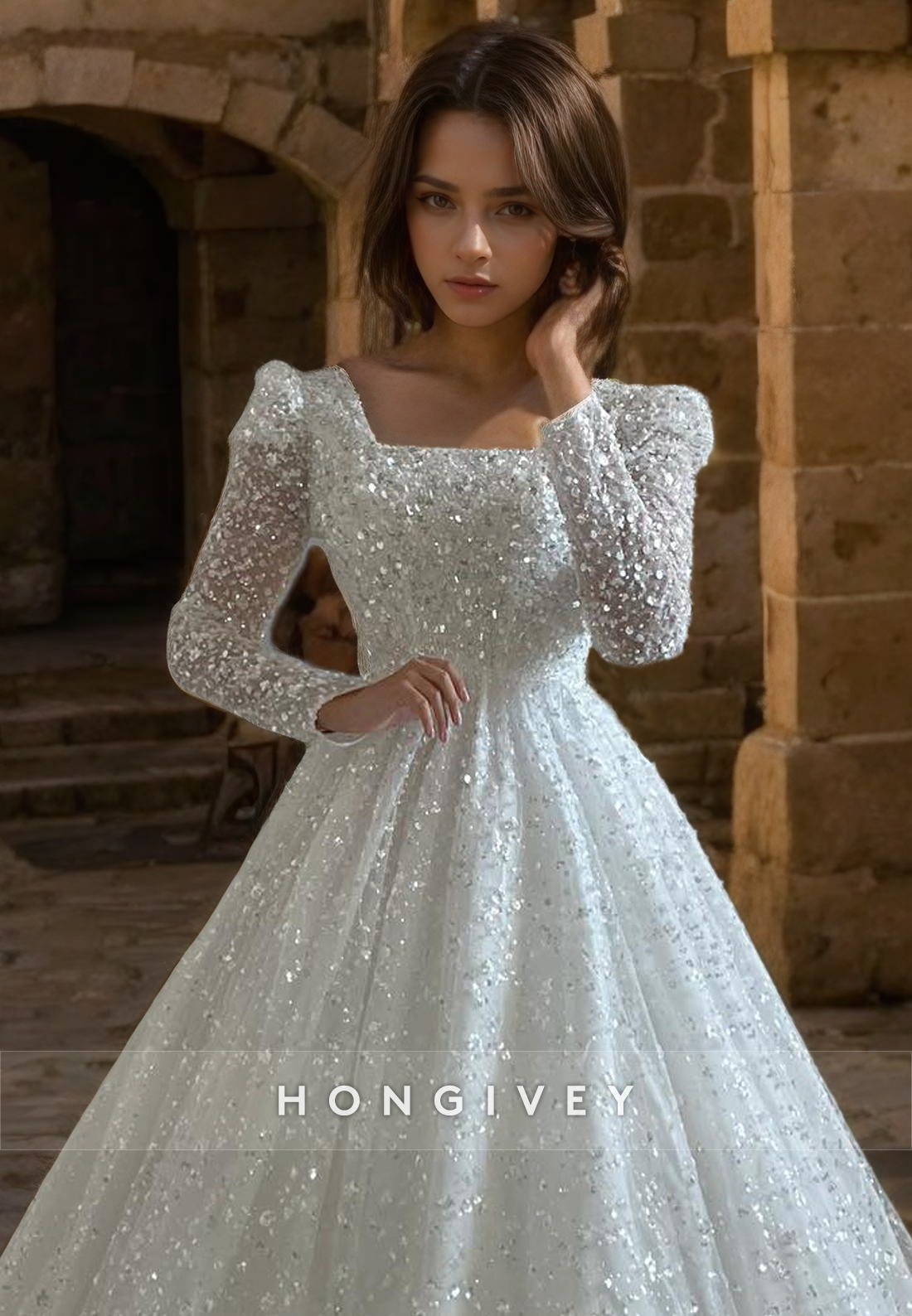 Glitter Tulle Aline Square Long Sleeve With Train Wedding Dress