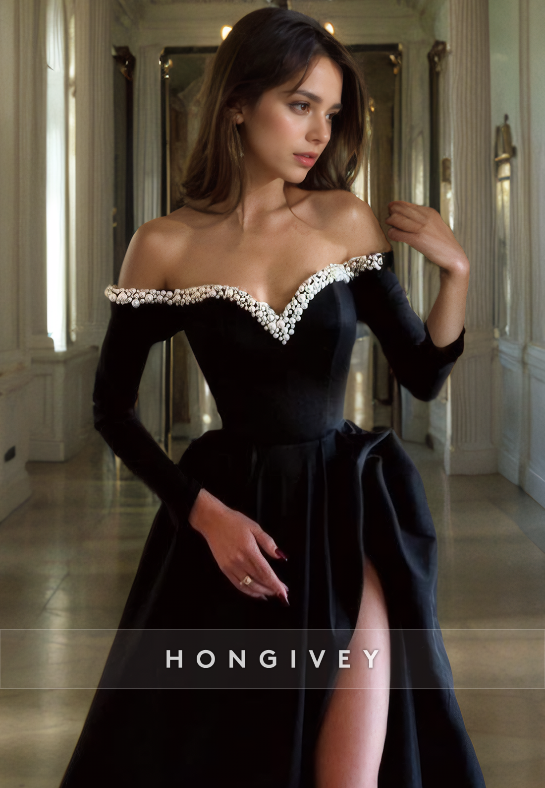 Elegant Satin Aline Offshoulder Long Sleeve Beaded Long Prom Dress