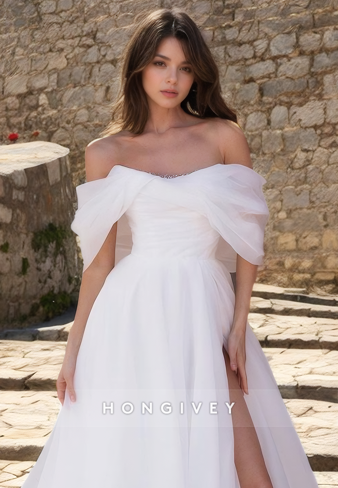 Chic Tulle Aline Offshoulder With Side Slit With Train Wedding Dress